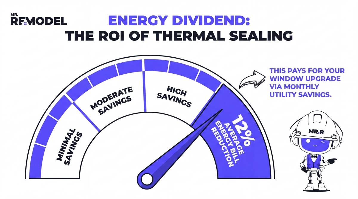An efficiency gauge showing that upgrading drafty or failed windows results in an average 12% reduction in household energy bills.